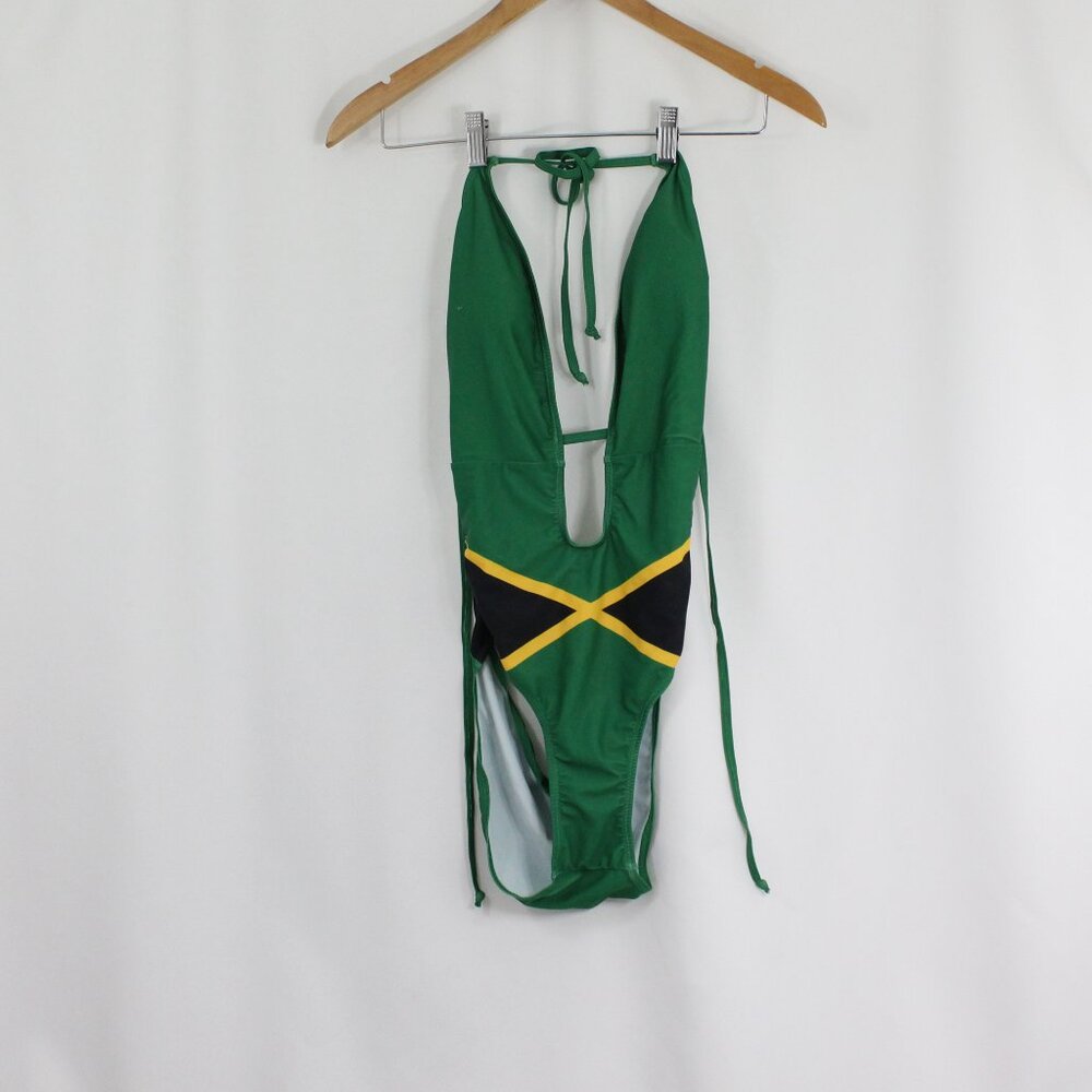 Jamaica Flag Themed Strappy Women's Cutout Backless Swimsuit One Piece Medium